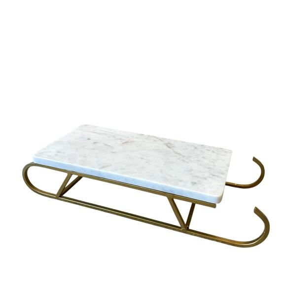 Marble Sledge Holiday Serving Tray 18x8 White & Gold Metal Handmade in India - Picture 1 of 15